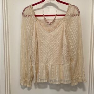 Top long-sleeved LC Lauren Conrad Cream Smocked Ruffled Blouse
